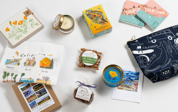Array of California Products including Puzzle, Note Cards, Candle, California Almonds, Coasters and more