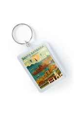 Santa Barbara Scene Keychain featuring a postcard-style design with beach and local landmark illustrations.