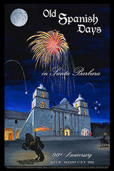 Vintage Old Spanish Days Fiesta Posters feature Santa Barbara missions lit up for Fiesta’s 90th anniversary celebration.