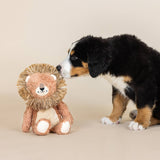 A puppy sniffs the Mighty Mane Earth Friendly Lion Dog Toy, filled with recycled bottle stuffing, on beige.
