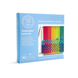 Friendly Loom Potholder Loom Kit box in light blue, showing a rainbow potholder being woven on a metal loom
