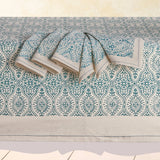 Blue and white floral tablecloth pairs perfectly with Hand Block Printed Cotton Napkins, Set of 4, Motifs Fog.
