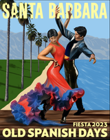 A couple dances flamenco by palms and mountains: Vintage Old Spanish Days Fiesta Posters, Santa Barbara 2023.