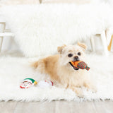 Small tan dog on a fluffy rug holds the Never Sleigh Never Dog Toy Set, with plush toys nearby.