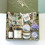 Calming California Gift Box: includes coconut milk bath soak, candle, lavender spray, soap, sachet & floral eye pillow.