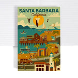 Santa Barbara Scene Journal: Features a vibrant beach, surfers, pier, and palm design—perfect for your cover.