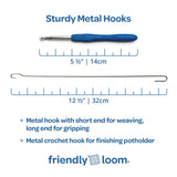 Metal weaving hook measuring 5.5 inches and metal crochet hook measuring 12.5 inches for finishing potholders