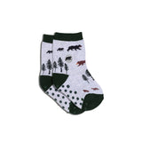 Kids Socks that Protect Bears, toddler size, in heather gray with dark green cuffs, heels, and toes, bears, pine trees, and gripper dots on the soles