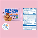 A Chewy Chocolate Chip Cookie package next to its nutrition facts label, set on a pink background.