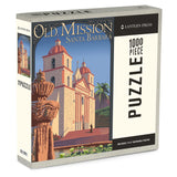 The 1000 Piece Santa Barbara Mission Puzzle features palm trees and mountains in the background.