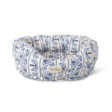 Indigo Vine Canvas Small Round Cuddler Pet Bed; blue floral, machine washable—ideal for cats and small dogs.