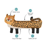 I’ve Been Spotted Earth Friendly Dog Toy: durable cotton, loud squeaker, crinkle paper, and fluffy filling.