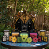 Bar Soap Horchata from the Corazón Collection with ornate packaging on a round table, lush greenery, and gothic decor.