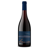 A bottle of Alma Rosa Sta Rita Hills Pinot Noir with a dark blue label featuring minimalist hill line art and "alma rosa" in orange cursive. It's a 2022 organic wine from the Sta. Rita Hills vineyard.
