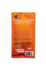 Back of Artisanal Chocolate Bar 1.4oz wrapper with tasting notes, story on Santa Barbara origins, organic raw cocoa beans, organic sugar, organic cocoa butter ingredients, and manufacturer info on an orange and yellow background.