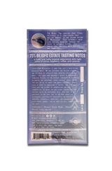 Back of Artisanal Chocolate Bar 1.4oz package features a bird illustration, Santa Barbara origin story, raw cocoa bean tasting notes, barcode, and company info on a light purple background with white and blue accents.