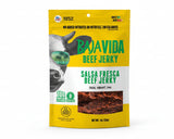 Baja Vida Salsa Fresca Jerky bag features a cow image, jalapeños, fresh tomatoes, and visible jerky.