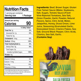 Nutrition facts and ingredients for Baja Vida Salsa Fresca Jerky, partial product package shown.