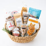 California Farm Snacks Basket with almonds, pistachios, cheese coins, jerky and more.
