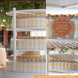 Collage of water bottles on a tiered stand with 'California Water Bottle Poppy' branding.