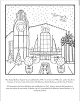 Christmas in Santa Barbara A Bilingual Coloring Book features a black-and-white drawing of the airport decorated for Christmas with wreaths, trees, and bows, two airplanes above, and English-Spanish text describing the scene.