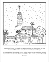 Christmas in Santa Barbara A Bilingual Coloring Book features a black and white drawing of the Arlington Theatre decorated for Christmas, with festive lights, trees, snowman, snowflakes, and bilingual English-Spanish text about the theater.
