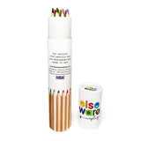 Set of 12 multi-colored beechwood pencils in a tube container with white elseware lid, pre-sharpened.