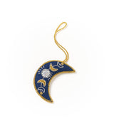 Crescent Moon Embroidered Ornament with gold trim, star and sun designs, and a gold hanging loop on white background.
