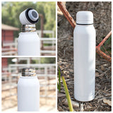 The Custom Logo Catalina Insulated Water Bottle 16.9 oz in white is displayed outdoors on soil near a plant, shown from three angles: top being unscrewed, open neck, and standing upright.