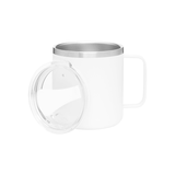 A Custom Logo Insulated Camp Mug 12 oz in white with laser engraving, a handle, and a transparent plastic lid is displayed on a plain white background. The lid is removed and set beside the insulated mug.