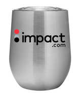 The 12 oz Custom Logo Insulated Wine Tumbler features a brushed stainless steel finish and the impact.com logo—black text with three colored dots (red, gray, black) vertically stacked—offering stylish double-wall insulation.