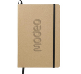 The Custom Logo Recycled Bound Journal 5.5" x 8.5" is a brown hardcover notebook with "modeo" in stylized vertical letters, featuring a black elastic band on the right edge and a black ribbon bookmark.