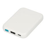 The Custom Logo Recycled Power Bank is a compact white device with rounded edges, offering both USB and USB-C ports plus a blue button on one side.