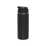 The Custom Logo Sequoia Stainless Tumbler in black, featuring a flip-top lid, is displayed against a plain white background.