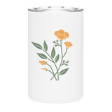 The Custom Logo Shasta Thermal Tumbler 11 oz features matte white insulation, orange poppy flowers, and green stems. With copper vacuum insulation, it stylishly maintains your drink’s ideal temperature.