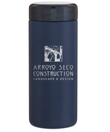 The Custom Logo Tumbler with Reclaimed Stainless Steel is a navy blue, eco-friendly tumbler with a dark lid and white Arroyo Seco Construction Landscape & Design logo, featuring copper vacuum insulation to keep drinks hot or cold.