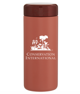 A reddish-brown Custom Logo Tumbler with Reclaimed Stainless Steel features a brown lid and a white trees-and-birds logo above “Conservation International” on the front, offering an eco-friendly drinkware option.