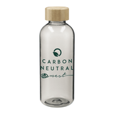 The Custom Logo Water Bottle 22 oz features a clear design with a wooden cap. Labeled "Carbon Neutral" and "nest" with a leaf graphic, it’s a stylish, eco-friendly choice for everyday hydration.
