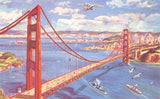 Golden Gate Bridge Postcard: Vintage-style illustration with boats below the Golden Gate Bridge, a plane above, and clouds in the sky.
