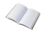 The Green Lined Notebook with Gold Accents, featuring an open A5 size and ruled pages, is displayed on a white background. Its G.F Smith green cover and blank lined pages are perfect for writing.