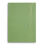 The Green Lined Notebook with Gold Accents is an A5, light green G.F Smith cover notebook featuring two slim, intersecting gold vertical lines on the right side, displayed against a white background.