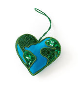 Heart Earth Beaded Felt Ornament—hand-embroidered with green sequins and braided loop