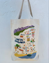 Tote bag with a colorful illustration of Santa Barbara on a white background