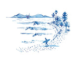 Blue watercolor sketch of surfers on the coastline with the Channel Islands on the horizon.