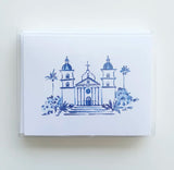 Jessica June Santa Barbara Notecard Set: White A2 card with a blue church sketch, trees, and soft white envelope.