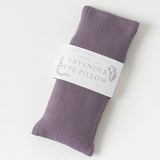 Lavender Linen Eye Pillow in purple fabric with a white label, shown against a white background.