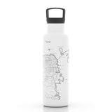 The Map of San Francisco Insulated Hydration Bottle is a white stainless steel water bottle with a black lid, featuring a minimalist black line map design. It's insulated and shown against a plain white background.