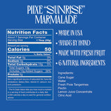 Nutrition label and highlights for sweet, tangy Sunrise Pixie Tangerine Marmalade on a blue background.