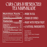 Label for Cara Cara & Hibiscus Marmalade with nutrition facts, features, and ingredients on a red Ojai, California backdrop.