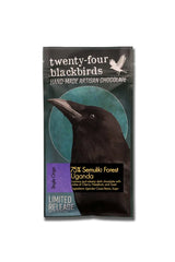 Artisanal Chocolate Bar 1.4oz: Blackbird packaging, 75% Semuliki Forest Uganda dark, and 24 blackbirds.